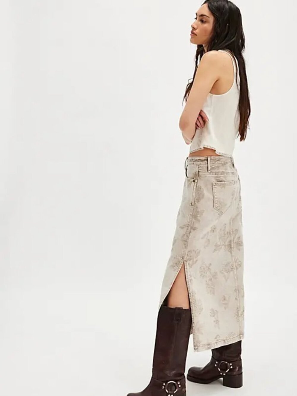 Driftwood Svetlana Maxi Skirt Straight Mid Rise Denim Floral Beige Plus Size 32 - Picture 5 of 11